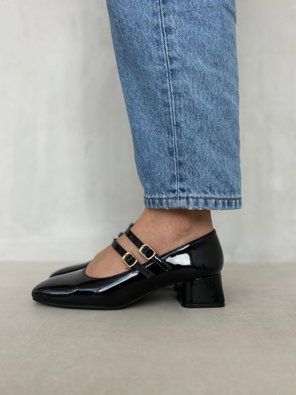 13463 - Zapatos de Tacón Bajo para Mujer en Charol Negro