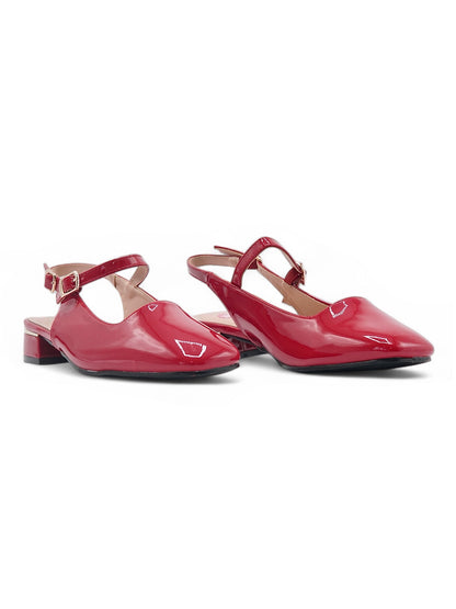 14063 - Zapatos Slingback en Charol Rojo con Tacón Bajo