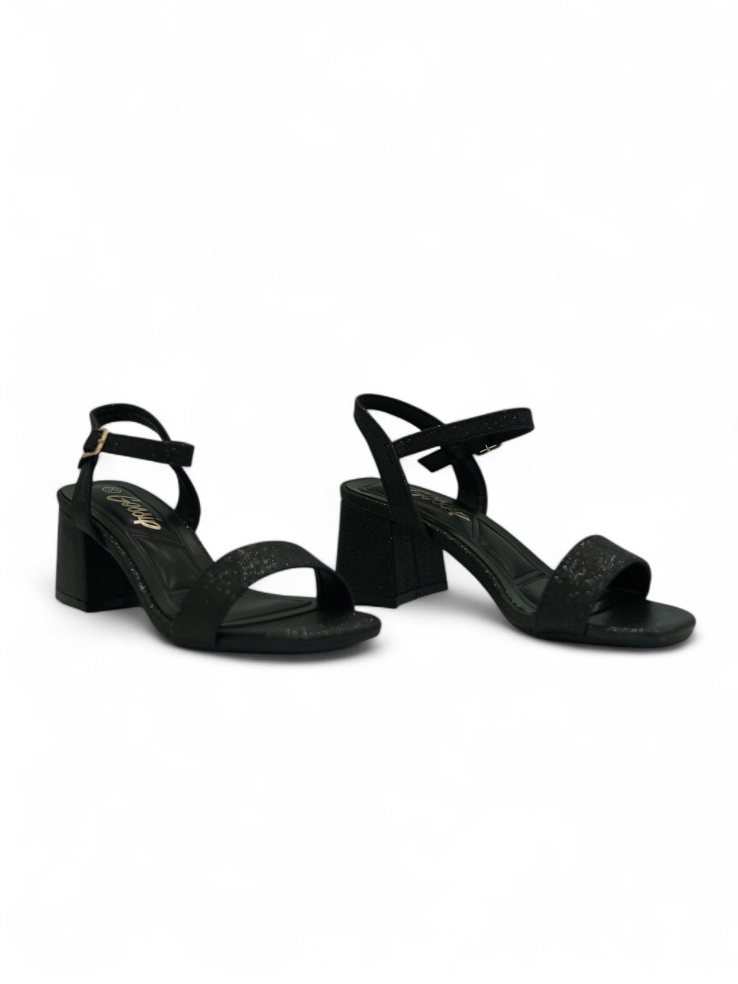 14335 – Sandalias negras con glitter y tacón cuadrado para dama