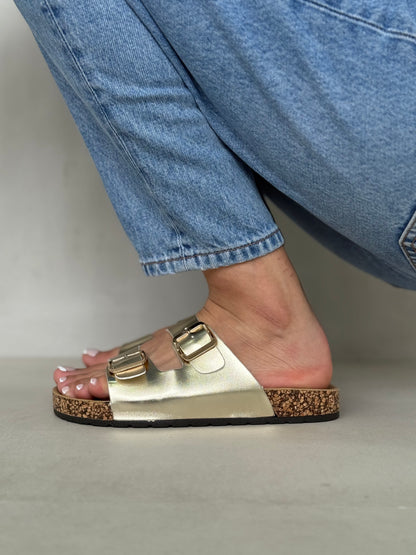 13988-Sandalias Planas de Mujer con Doble Hebilla