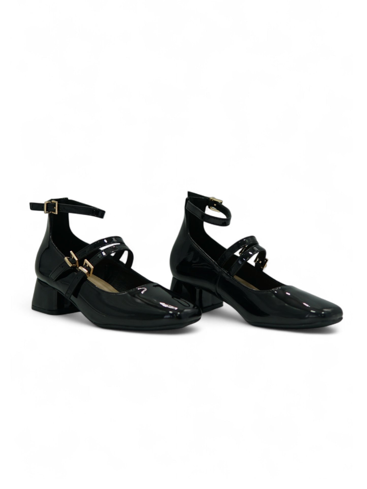 14313 – Mary Jane Negras de Charol con Doble Correa y Tacón Bajo