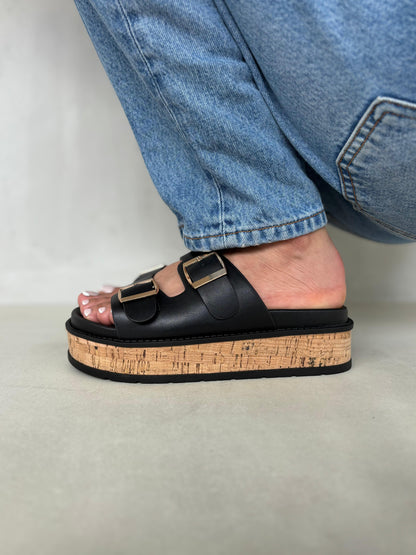 14353 – Sandalias Negras con Plataforma de Corcho y Hebillas Doradas