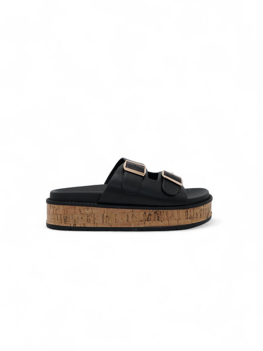 14353 – Sandalias Negras con Plataforma de Corcho y Hebillas Doradas