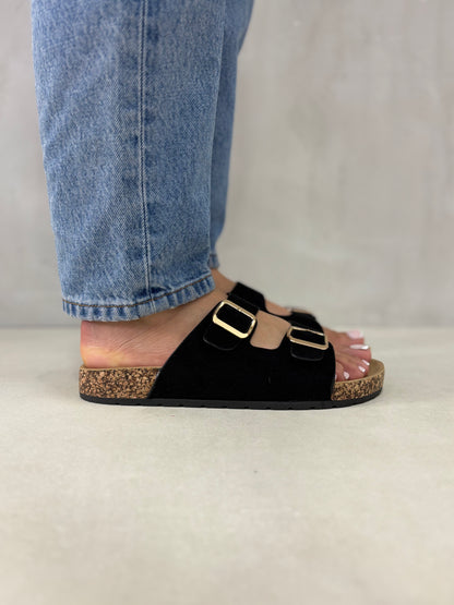 14309 – Sandalias Negras con Doble Hebilla y Suela de Corcho