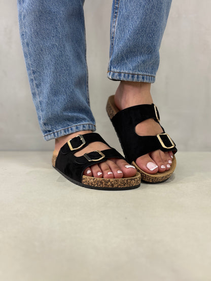 14309 – Sandalias Negras con Doble Hebilla y Suela de Corcho