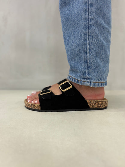 14309 – Sandalias Negras con Doble Hebilla y Suela de Corcho