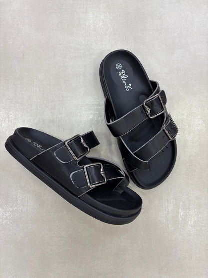 14492 – Sandalias Negras con Hebillas Metálicas y Suela Ergonómica