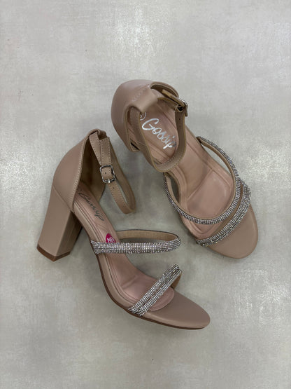 14329 – Sandalias beige con tiras brillantes y tacón alto para dama