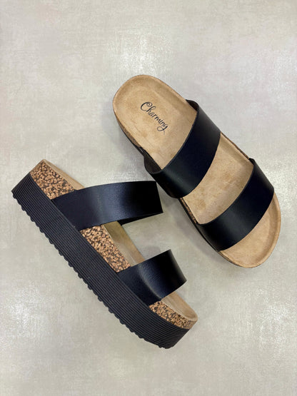 14285 – Sandalias negras de plataforma con doble correa para dama