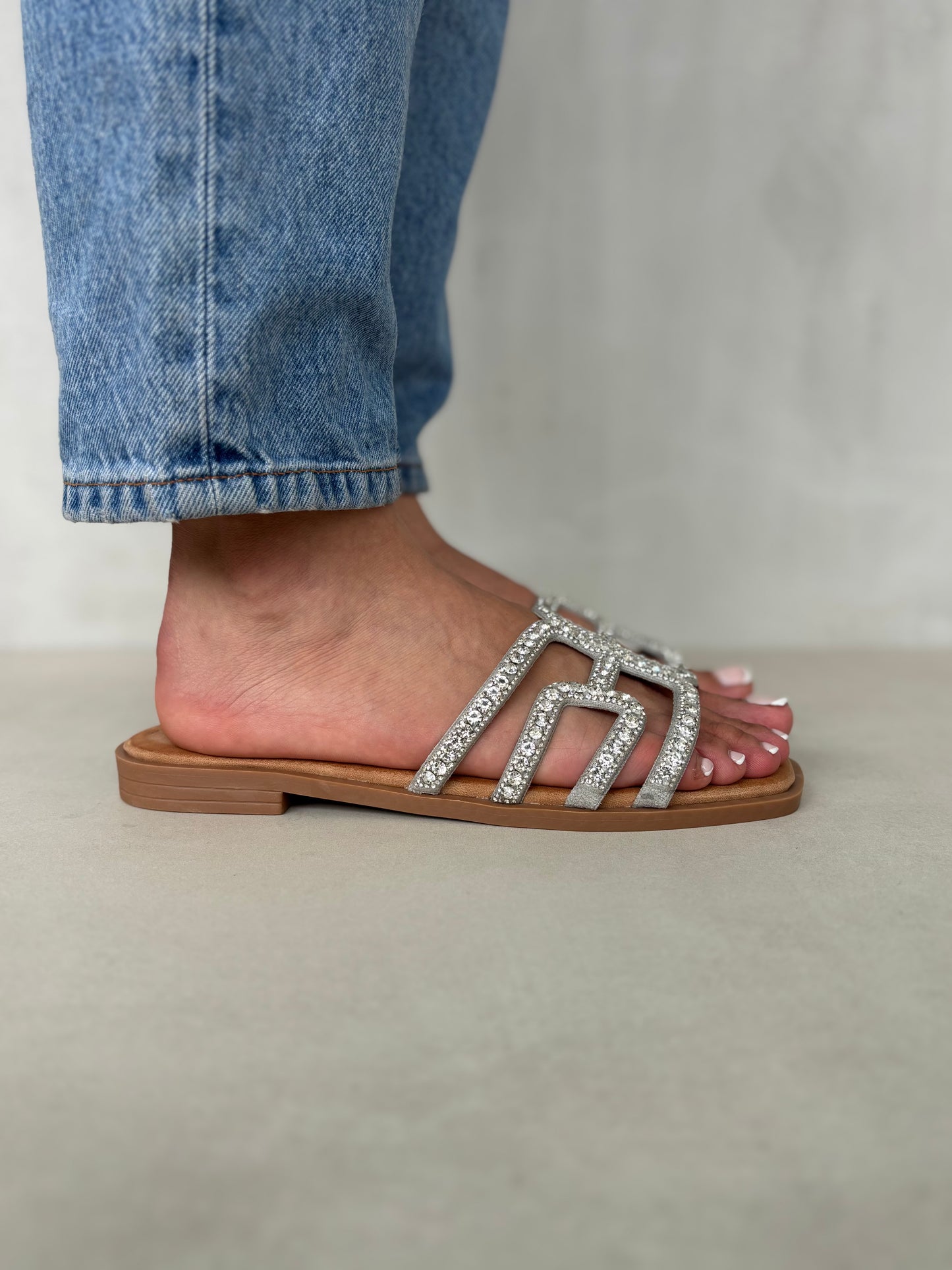 14498 – Sandalias Plateadas con Aplique de Brillos y Suela Plana