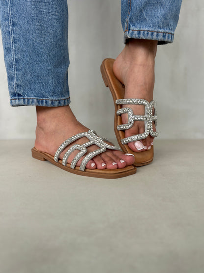 14498 – Sandalias Plateadas con Aplique de Brillos y Suela Plana