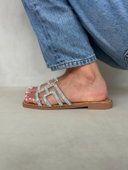 14498 – Sandalias Plateadas con Aplique de Brillos y Suela Plana