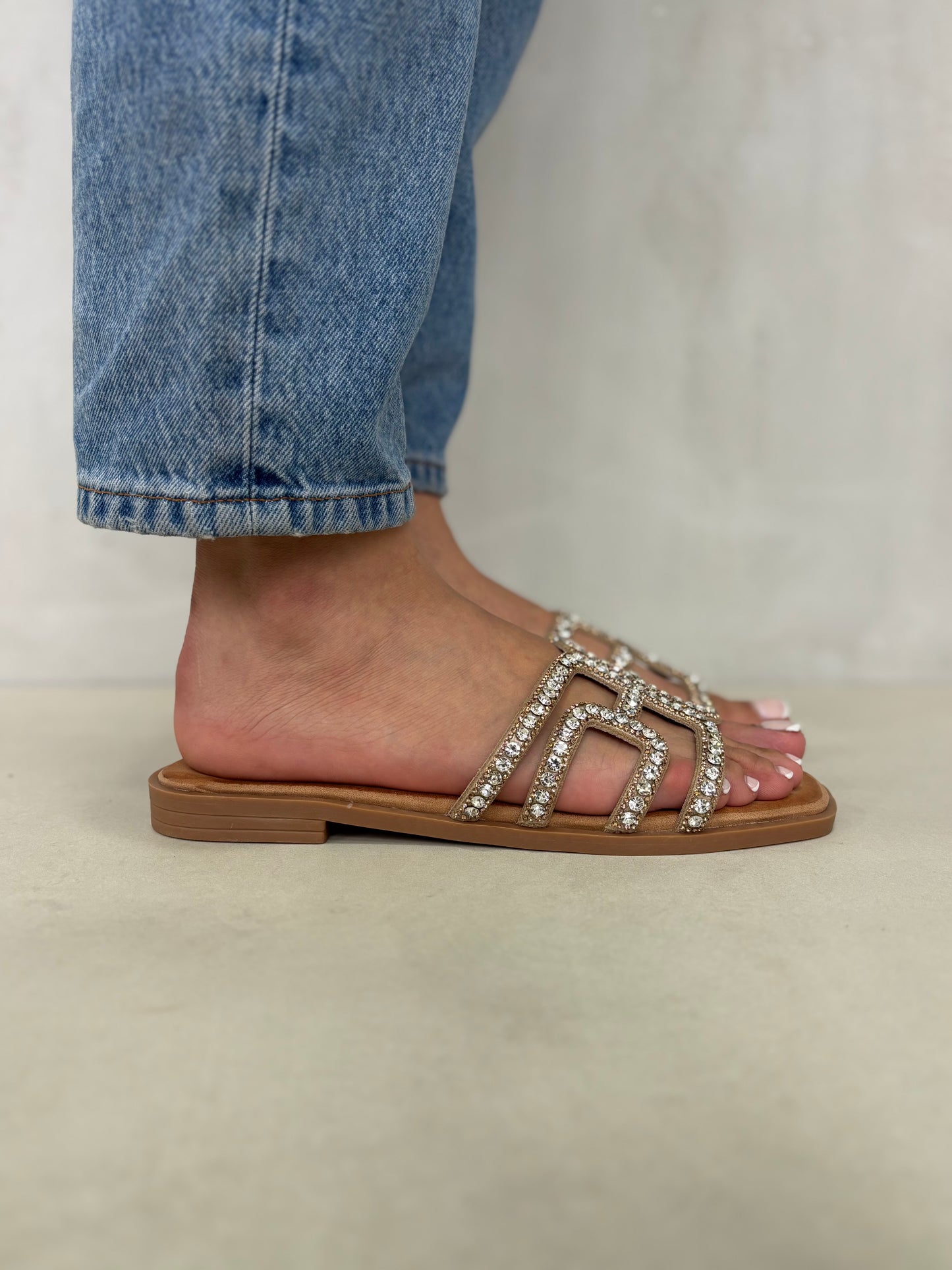 14497 – Sandalias Beige con Aplique de Brillos y Suela Plana