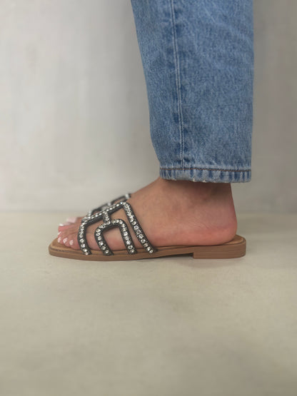 14496 – Sandalias Negras con Brillantes y Diseño Geométrico