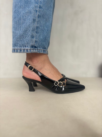 14058 - Tacones Slingback para Mujer en Charol Negro con Hebillas Dorado Rosé