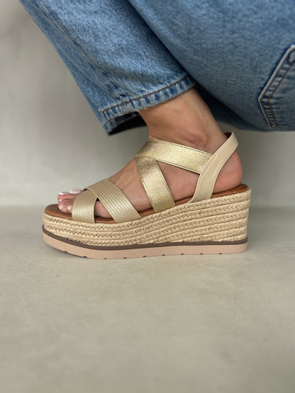 13747 - Sandalias para Mujer en Beige Rosado con Cuña de Yute y Tiras Elásticas