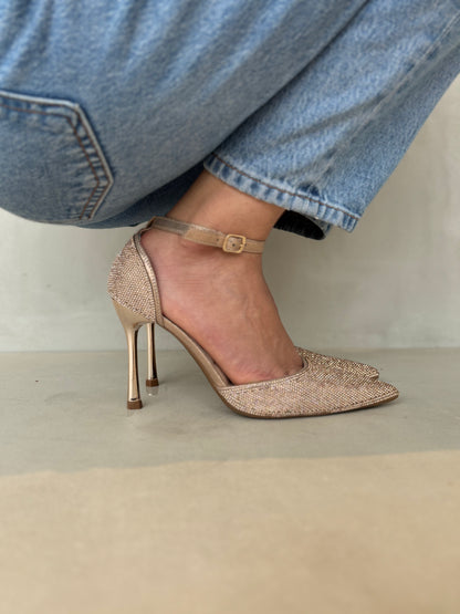 14262 – Tacones Rosa Gold con Brillos y Correa al Tobillo