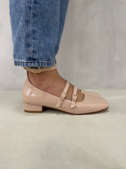 13593 - Zapatos Mary Jane para Mujer en Charol Nude Rosado con Tacón Bajo