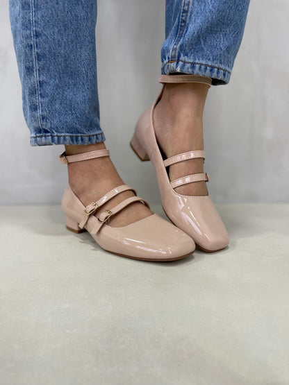 13593 - Zapatos Mary Jane para Mujer en Charol Nude Rosado con Tacón Bajo