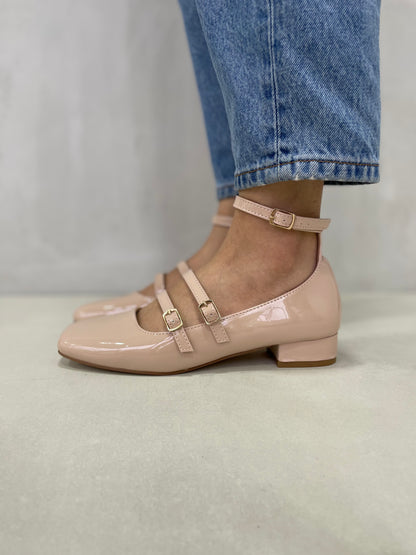 13593 - Zapatos Mary Jane para Mujer en Charol Nude Rosado con Tacón Bajo