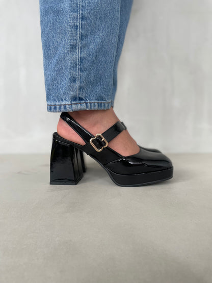 13761 - Zapatos Plataforma Negros de Charol con Tacón Grueso