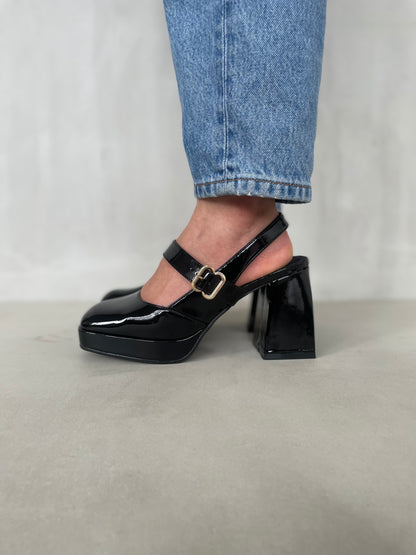 13761 - Zapatos Plataforma Negros de Charol con Tacón Grueso