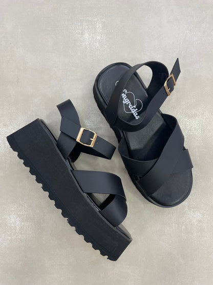 14266 – Sandalias Negras con Plataforma y Cruces en el Empeine