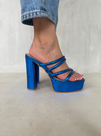 12006 - Sandalias para Mujer en Azul Metálico con Plataforma y Tiras