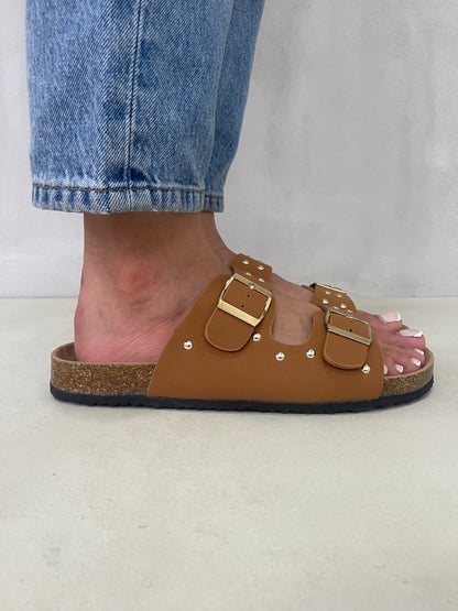 14109 - Sandalias de Mujer Camel con Hebillas y Suela de Corcho