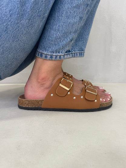 14109 - Sandalias de Mujer Camel con Hebillas y Suela de Corcho