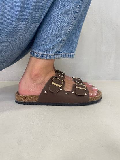 14110 - Sandalias de Mujer Café con Hebillas y Suela de Corcho