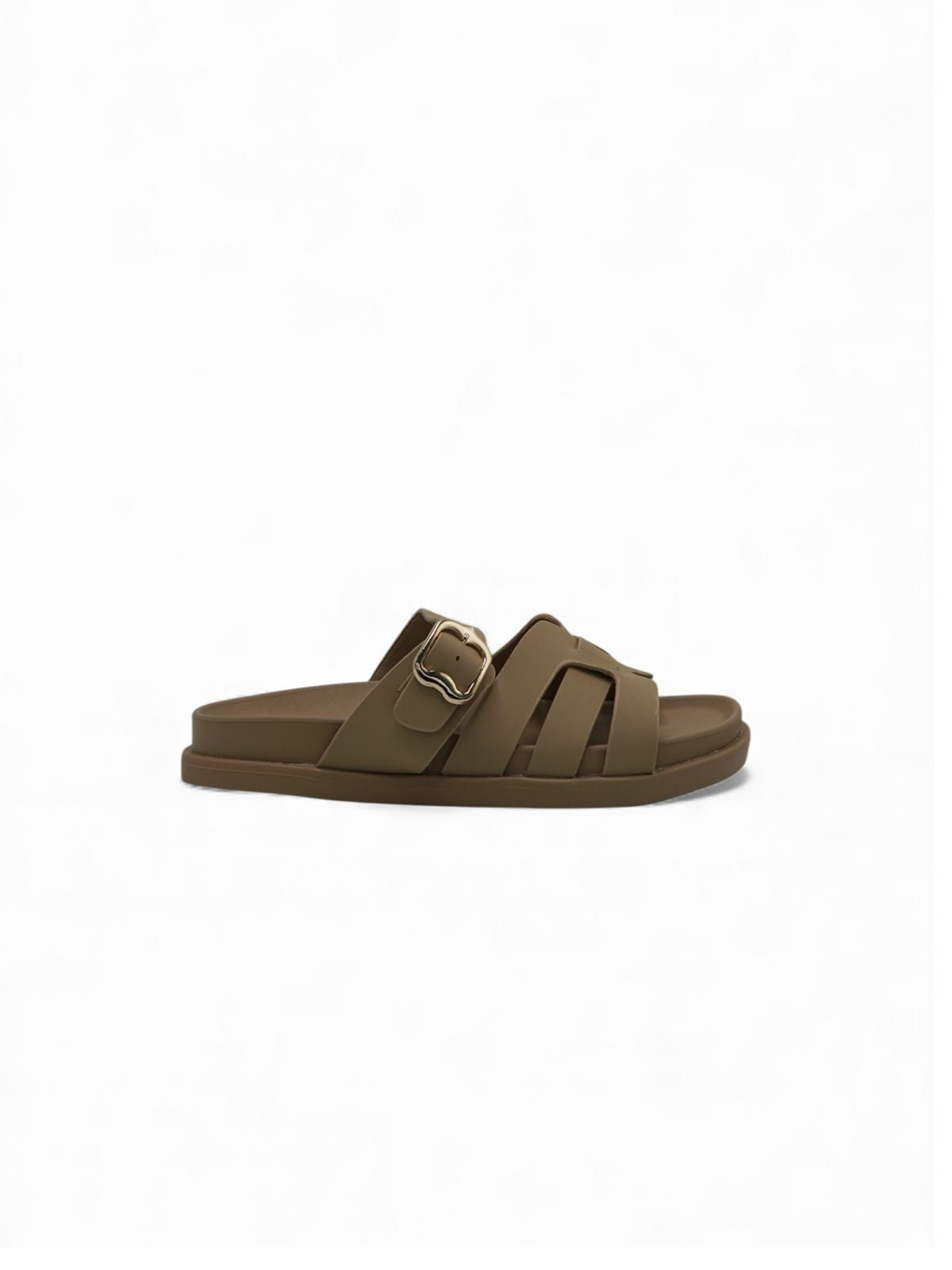 14483 – Sandalias Beige con Hebilla Dorada y Diseño entrelazado