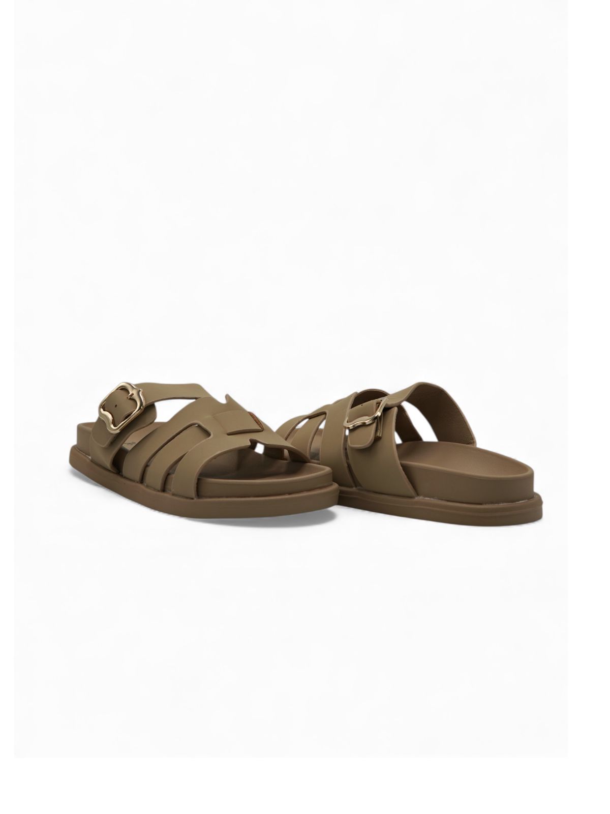 14483 – Sandalias Beige con Hebilla Dorada y Diseño entrelazado