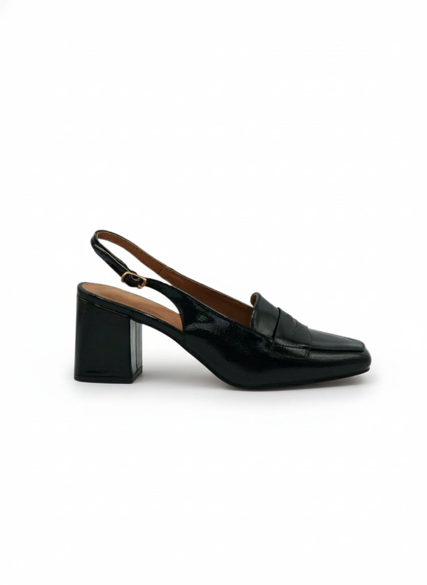 14432 – Zapatos Negros de Charol con Tacón Cuadrado y Pulsera Ajustable