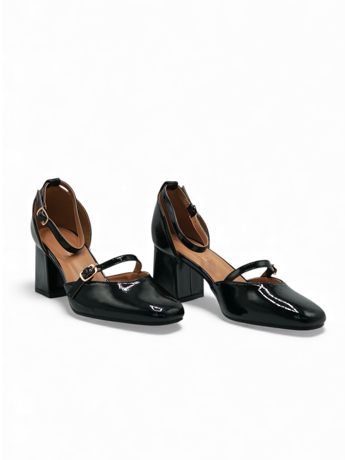 14429 – Zapatos Negros de Charol con Tacón Cuadrado y Doble Correa