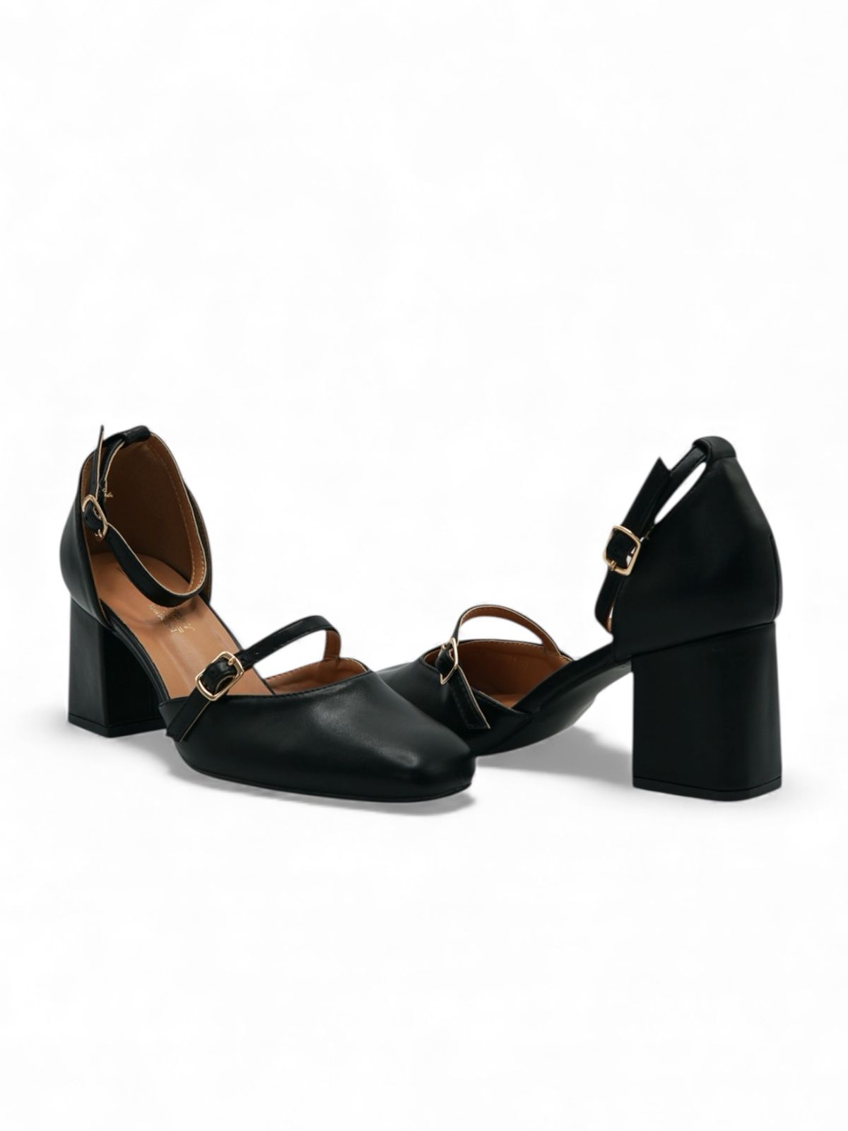 14428 – Zapatos Negros con Tacón Cuadrado y Doble Correa