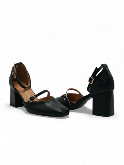 14428 – Zapatos Negros con Tacón Cuadrado y Doble Correa