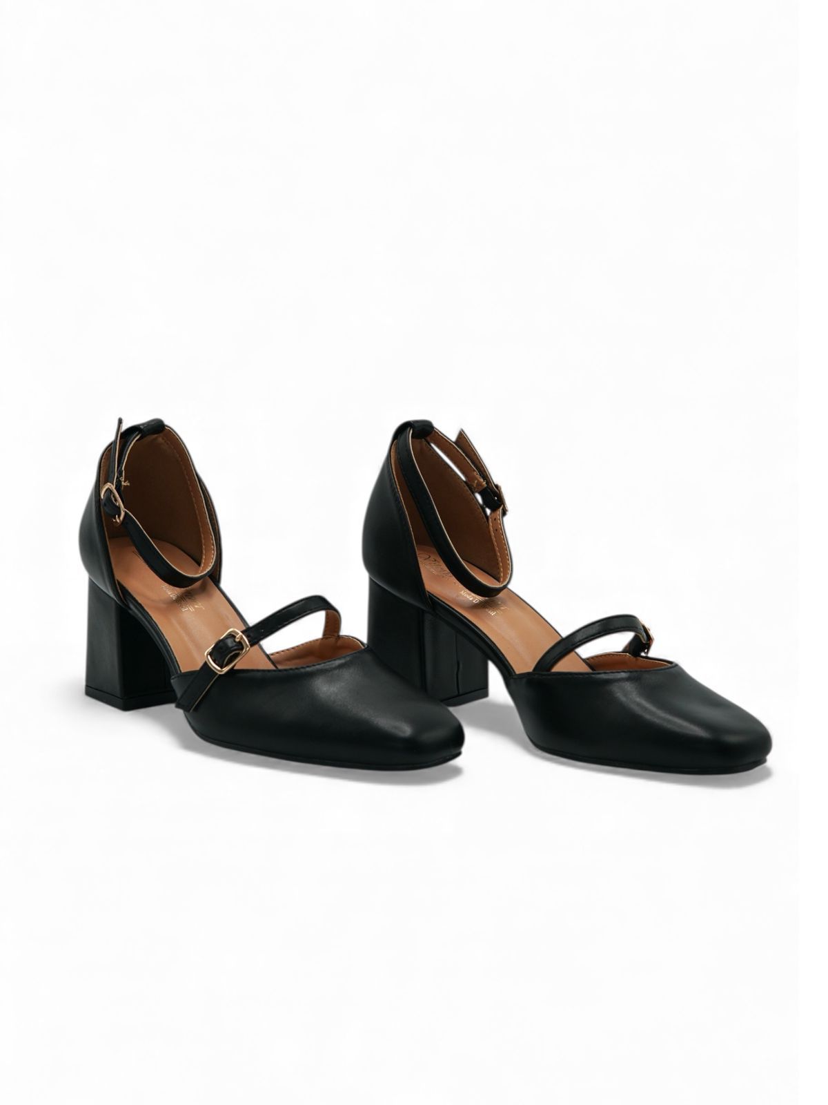 14428 – Zapatos Negros con Tacón Cuadrado y Doble Correa