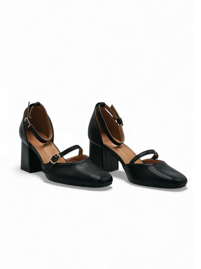 14428 – Zapatos Negros con Tacón Cuadrado y Doble Correa