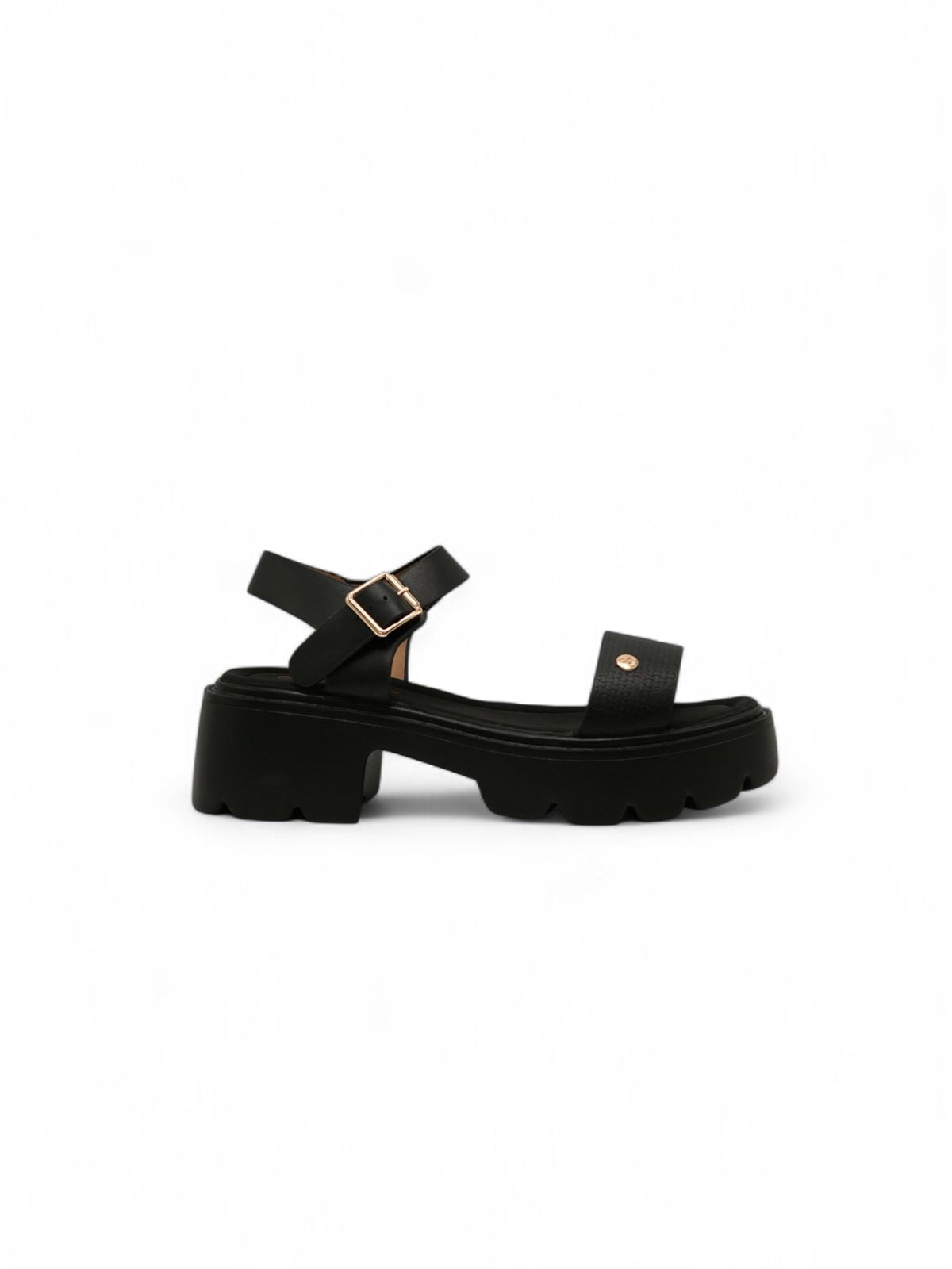 14278 – Sandalias Negras con Plataforma Chunky y Hebillas Doradas