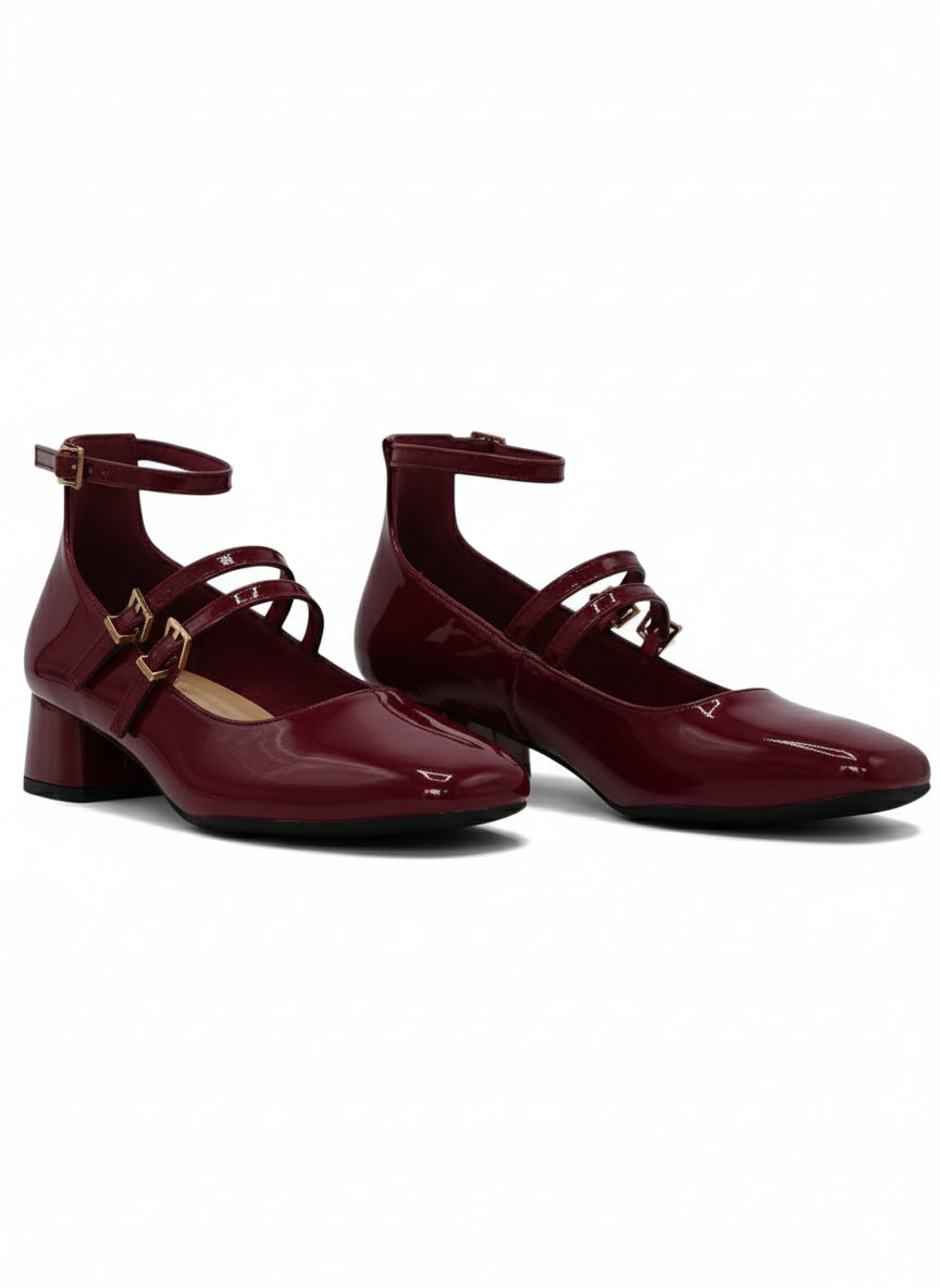 14314 – Mary Jane Burdeos de Charol con Doble Correa y Tacón Bajo