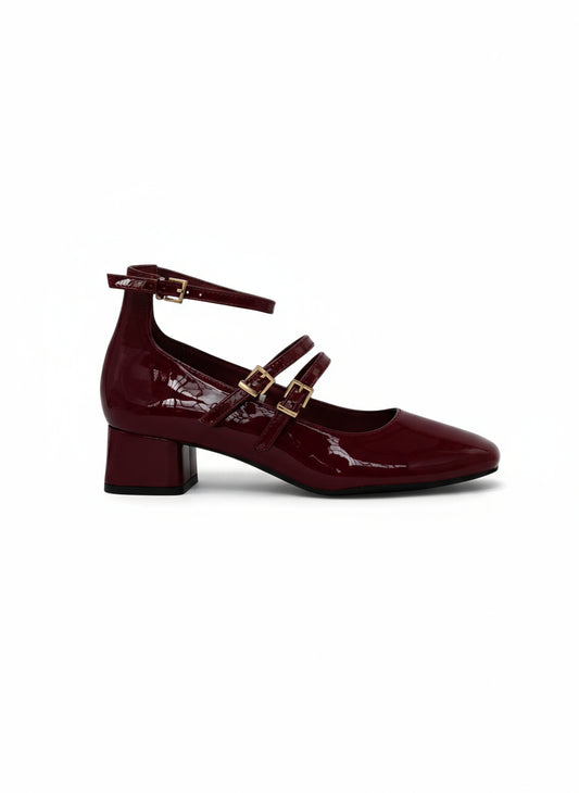 14314 – Mary Jane Burdeos de Charol con Doble Correa y Tacón Bajo