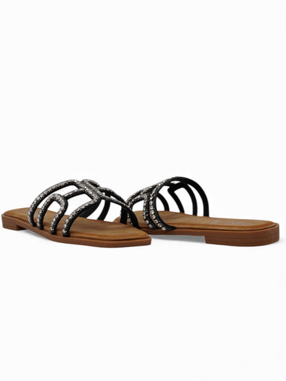 14496 – Sandalias Negras con Brillantes y Diseño Geométrico