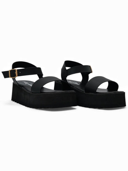 14263 – Sandalias Negras con Plataforma y Hebilla Dorada
