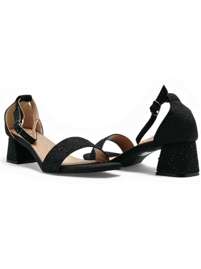14465 – Sandalias Negras con Brillos y Tacón Cuadrado