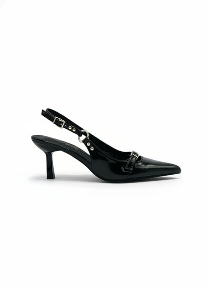 14427 – Tacones Negros de Charol con Hebillas y Punta Fina
