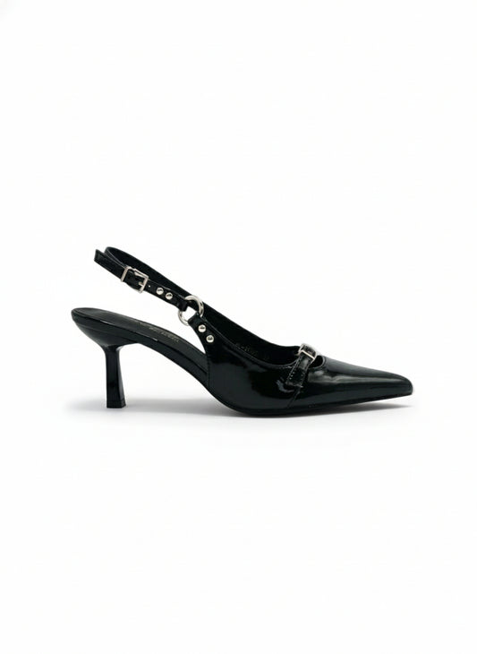 14427 – Tacones Negros de Charol con Hebillas y Punta Fina