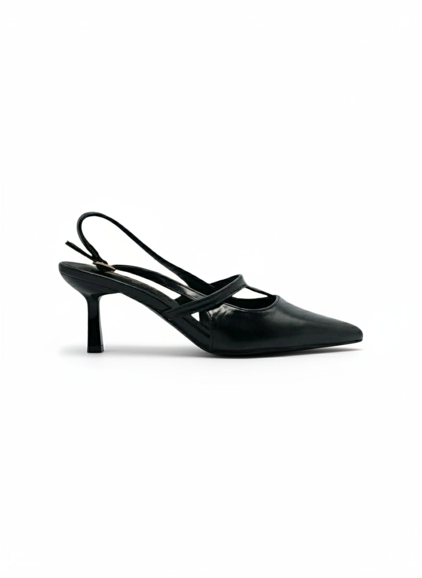 14426 – Zapatos Negros de Tacón Medio con Correa Cruzada