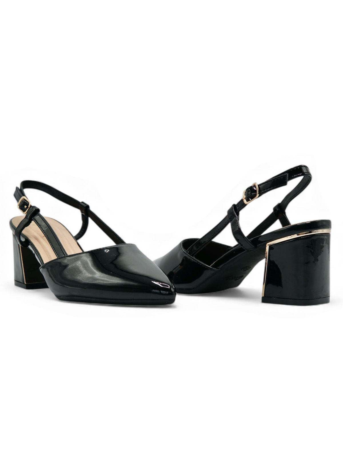 14343 – Zapatos de tacón negro charol con tiras cruzadas para dama