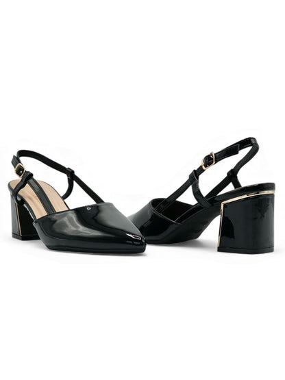 14343 – Zapatos de tacón negro charol con tiras cruzadas para dama